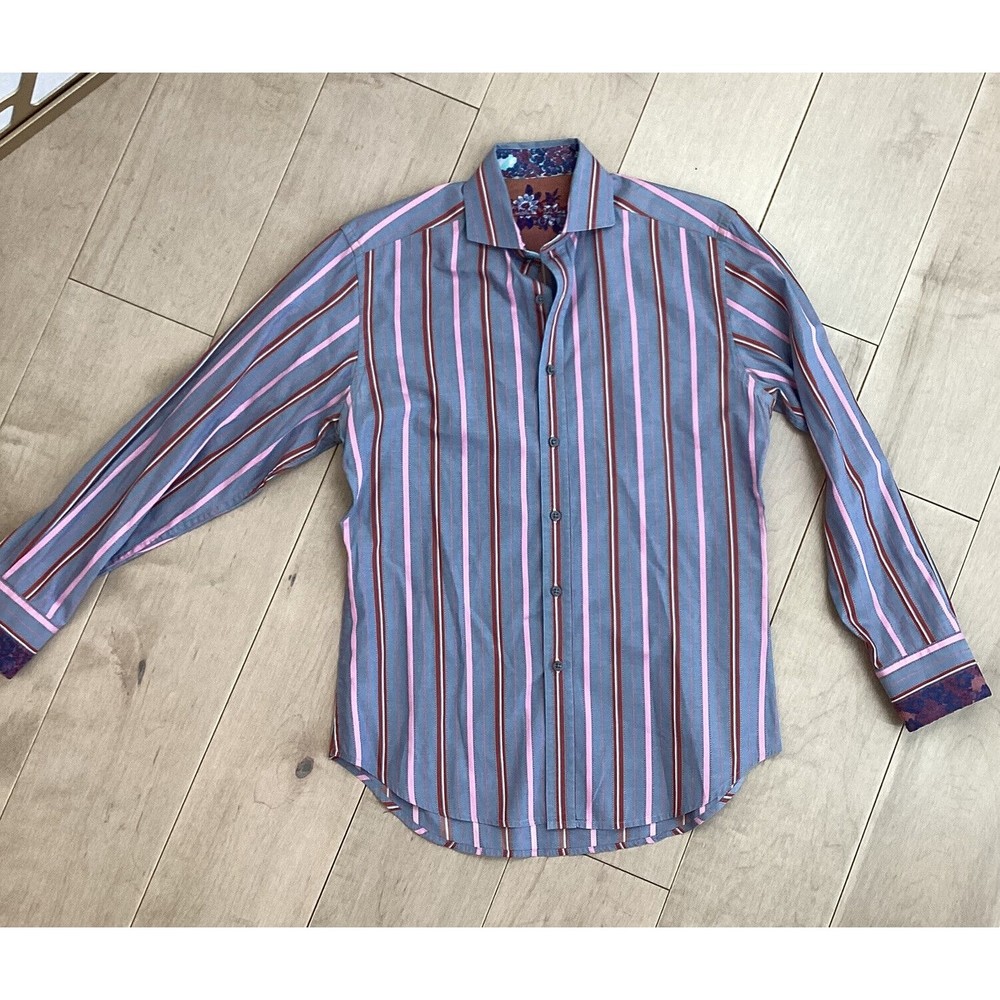 Robert Graham Mens Button Down Shirt Striped Blue M boho tropical hippie embroy